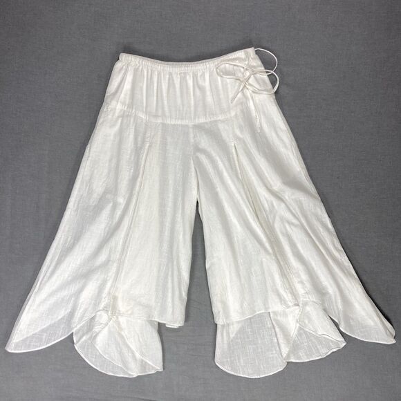 Lagenlook Linen Wide Leg Pants Womens L White Asymmetrical Parachute Boho Summer - Picture 2 of 14